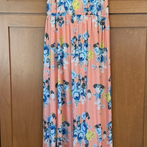 Mommy & Me XL & 2Y Floral Pink Maxi Dress with Blue Rose Print - Picture 1 of 5